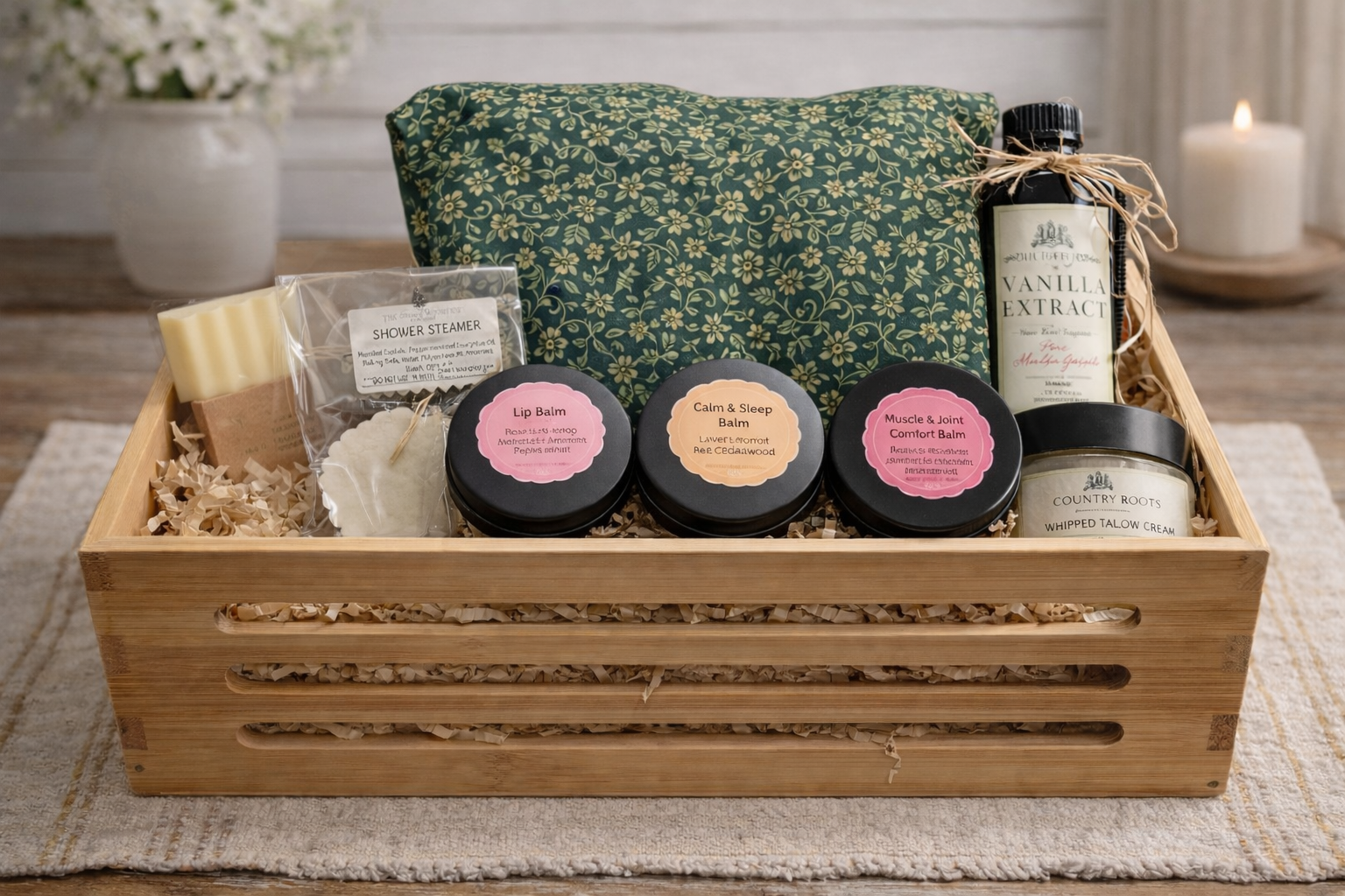 Beauty and Relaxation Gift Basket: Balms, Heat Pack, Whipped Tallow Cream & Pure Vanilla & Shampoo Bar